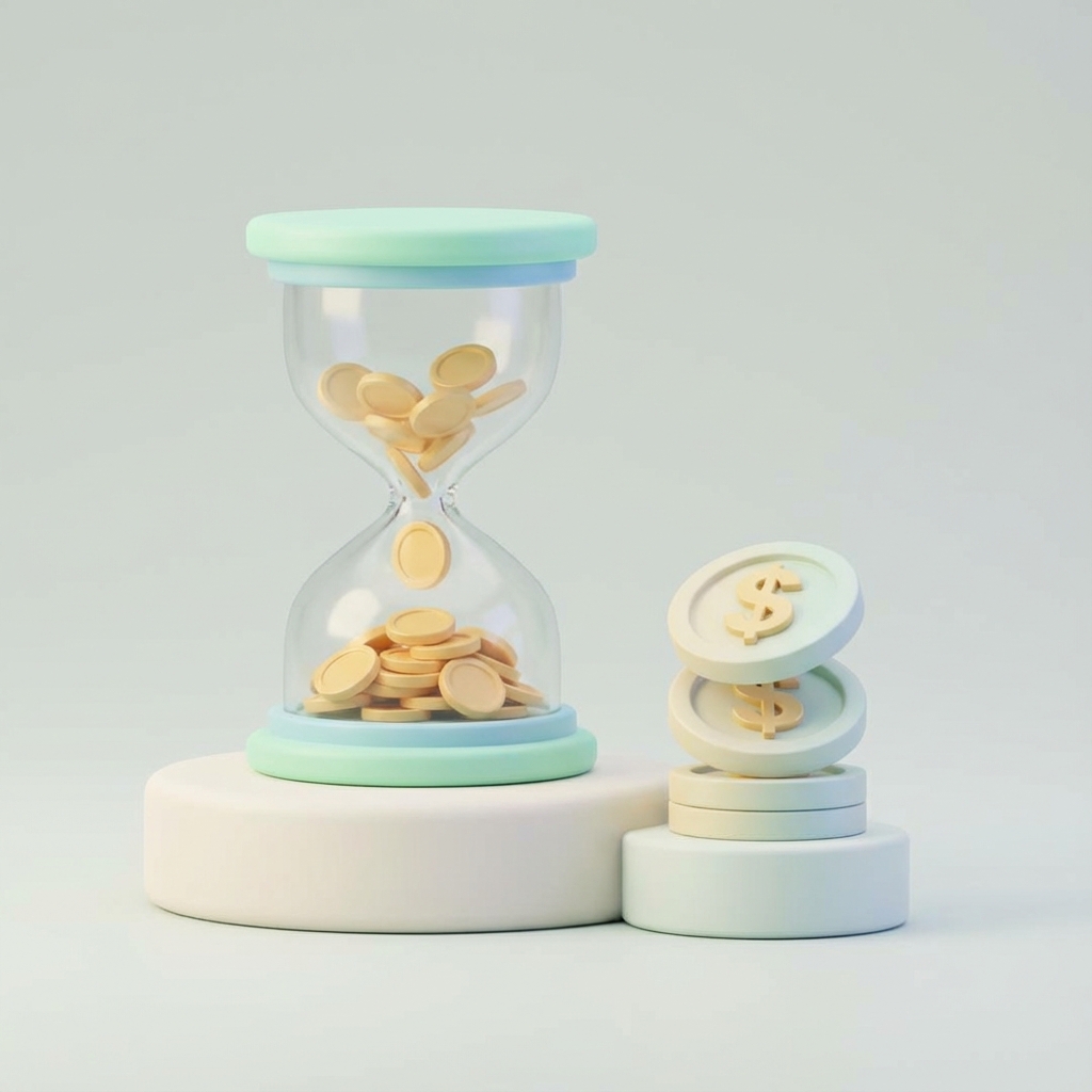 Hourglass and coins representing deferral period